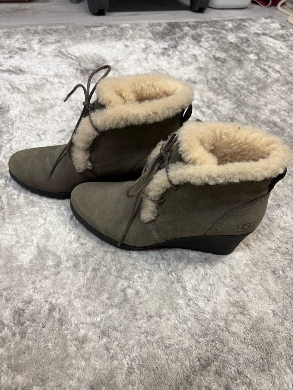 UGG Olive Suede Wedge Ankle Boot with Cream Shearling Collar